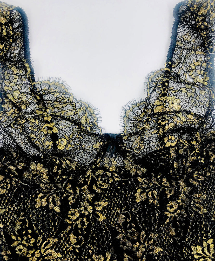 Black and Gold Chantilly Lace Bra